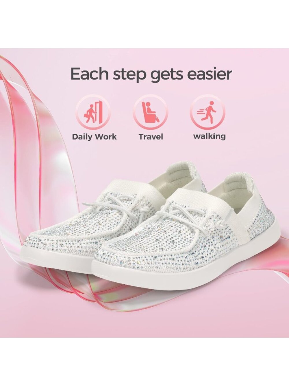 Women's White Comfortable Sparkly Rhinestone Lace Up Glitter Walking Sneaker - Picture 7 of 7